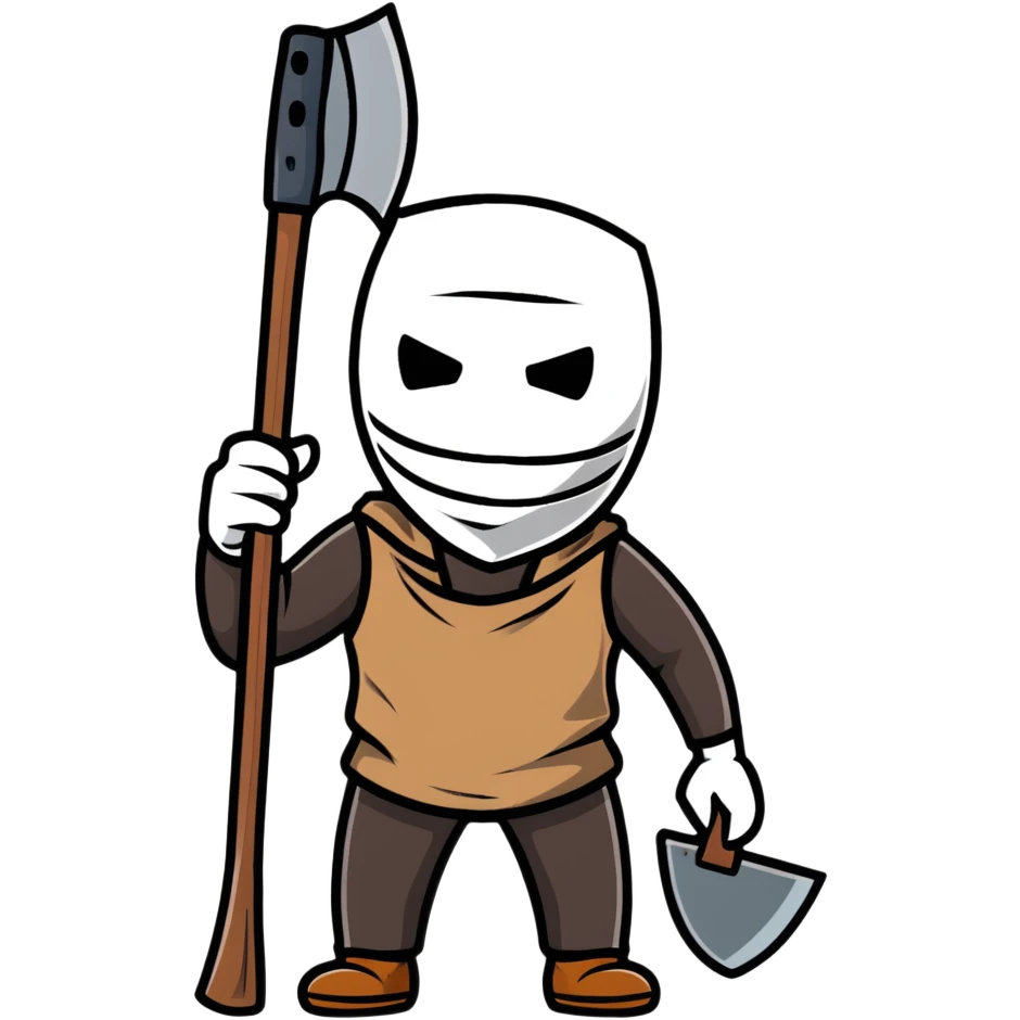 slasher film character with dirty burlap sack mask and axe emoji