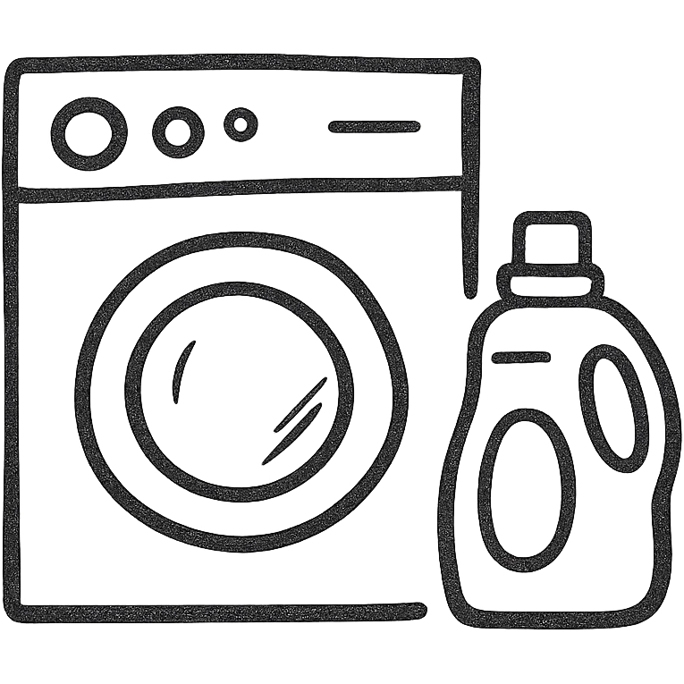 washing machine with detergent bottle beside it, hand drawn black outline icon, no fill emoji