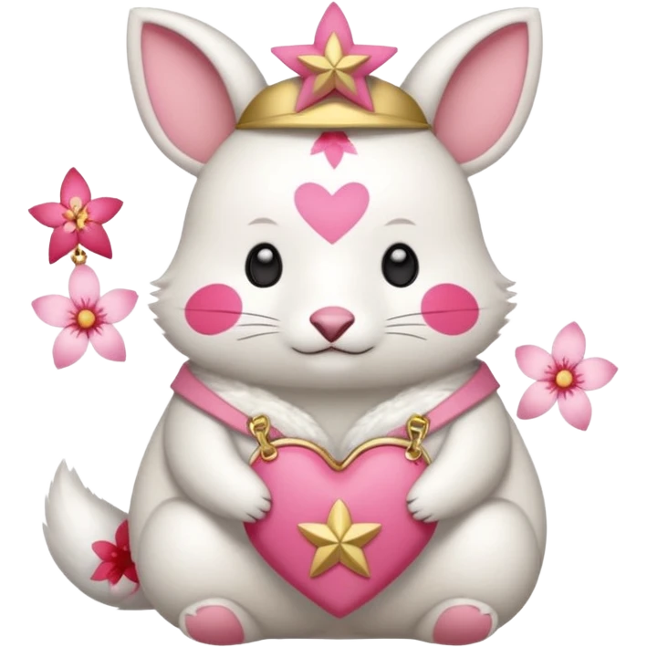 GENERATE ME A MOMONGA WHITE ANIMAL  FROM CHIIKAWA AND PUT A SAKURA FLOWER ON HIS HEAD AND A STAR PELT ON HIS BELLY AND A HEART PURSE ON HIS ARM WITH HIS FACE emoji