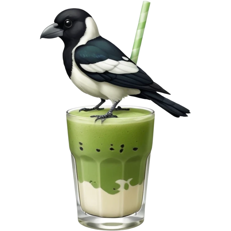  ONE Australien Magpie (just black and white feathers) sitting on an iced matcha latte on the edge of the glass. It has green matcha on its beak indicating it drank. The iced matxha latte is in a see through glass and white from the oat milk on the bottom and green on top… one straw and ice cubes emoji