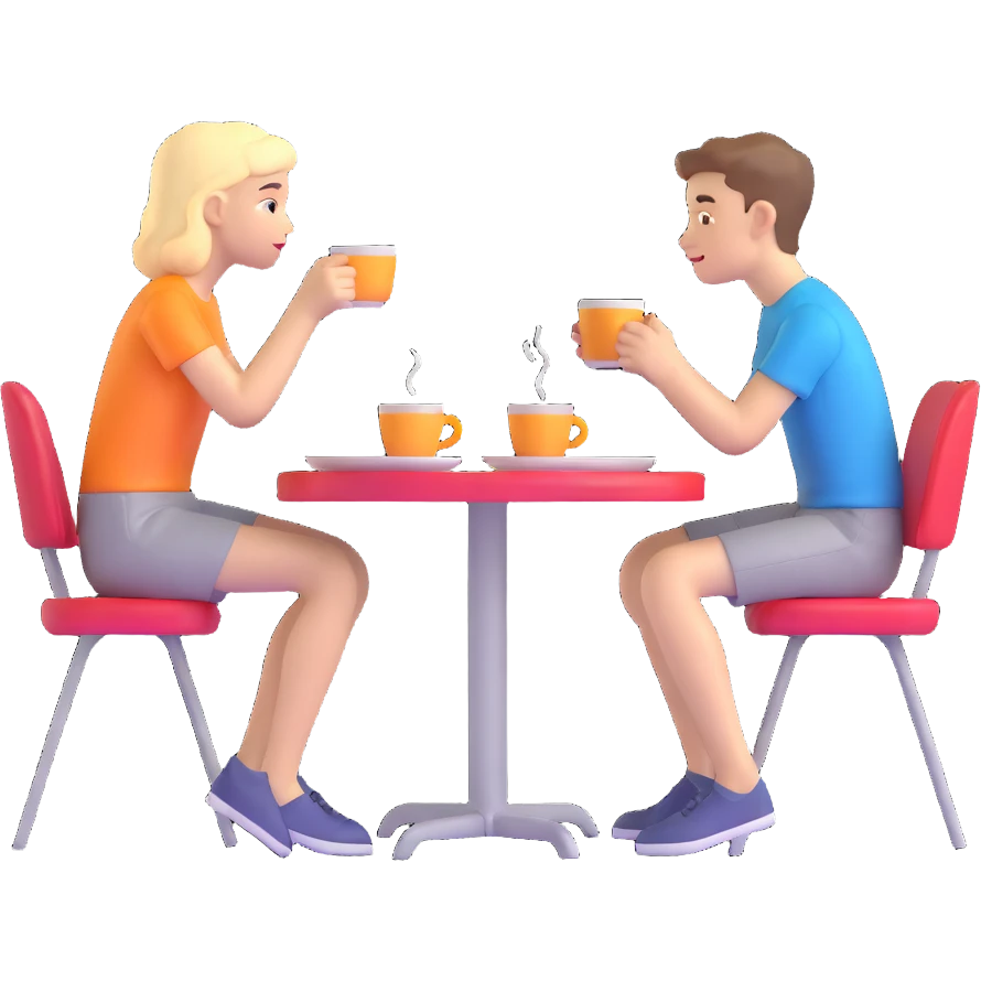 boy and girl sitting at a table sipping coffee emoji