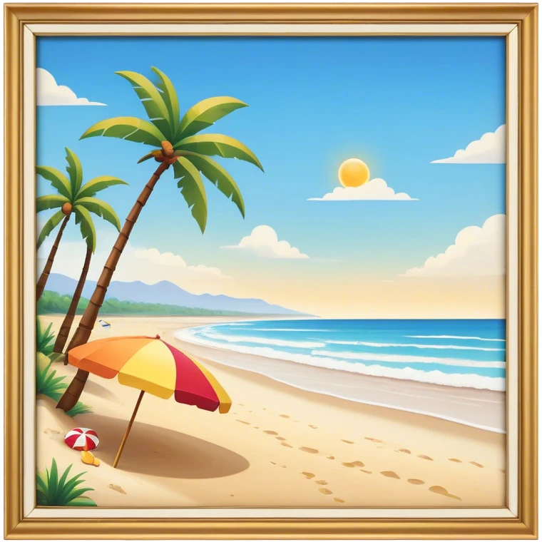 Cinematic Realistic Beach Emoji in a wooden frame, Sunny and bright, with soft golden sand stretching as far as the eye can see, gently lapping waves crashing onto the shore, and a clear, blue sky above. Palm trees sway in the warm breeze, and colorful beach umbrellas dot the landscape. Soft glowing outline, capturing the essence of a relaxed, joyful beach day filled with sun, sand, and surf! emoji