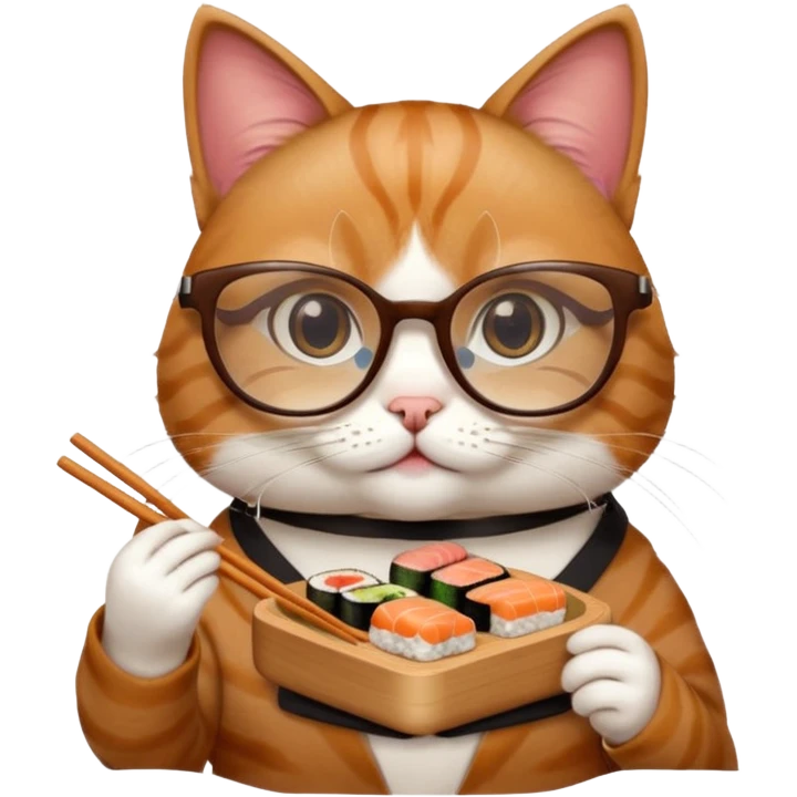 cute girl cat with really big square glasses with super thin frames eating sushi emoji