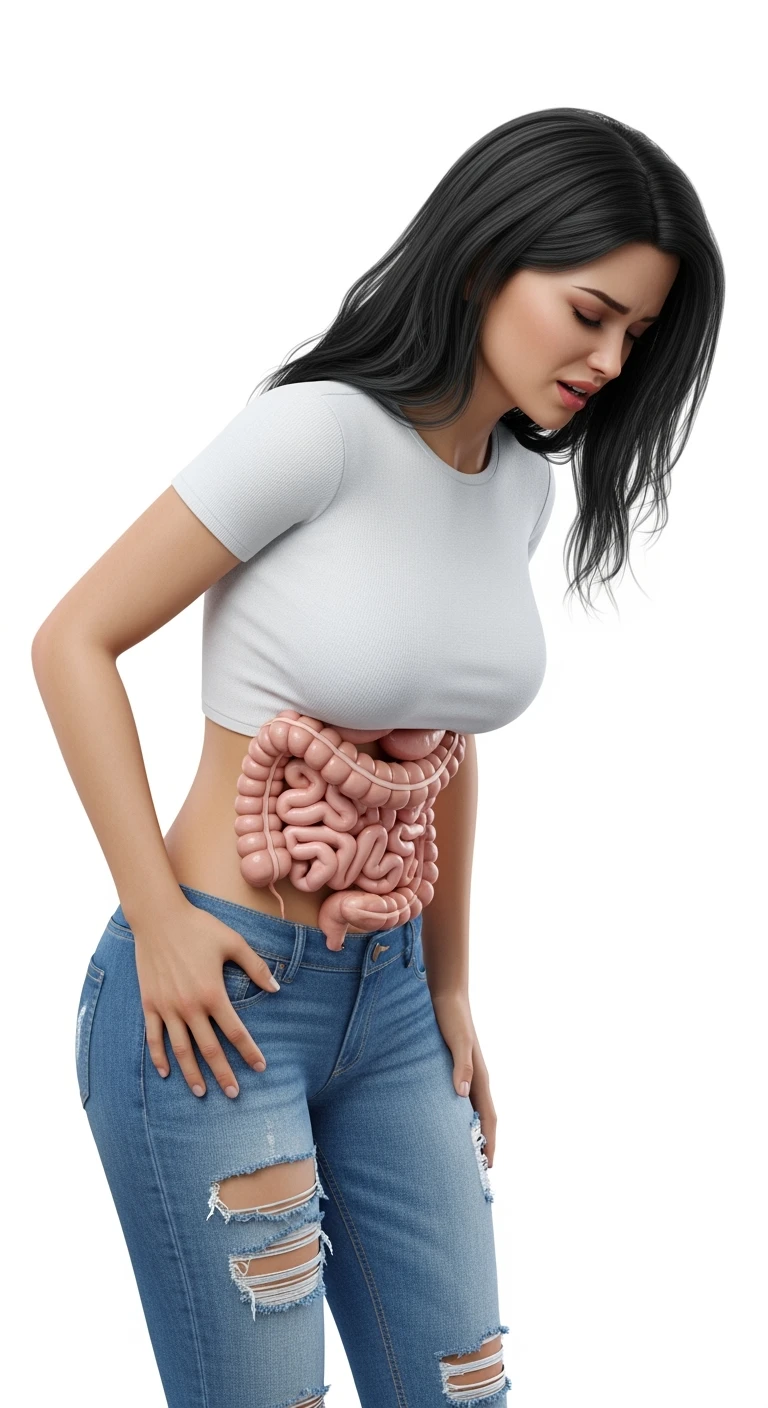 donna giovane piegata in avanti con mal di pancia e INTESTINO UMANO ANATOMICO IN EVIDENZA, iperrealistica 4k, ISOLATA SU SFONDO BIANCO emoji