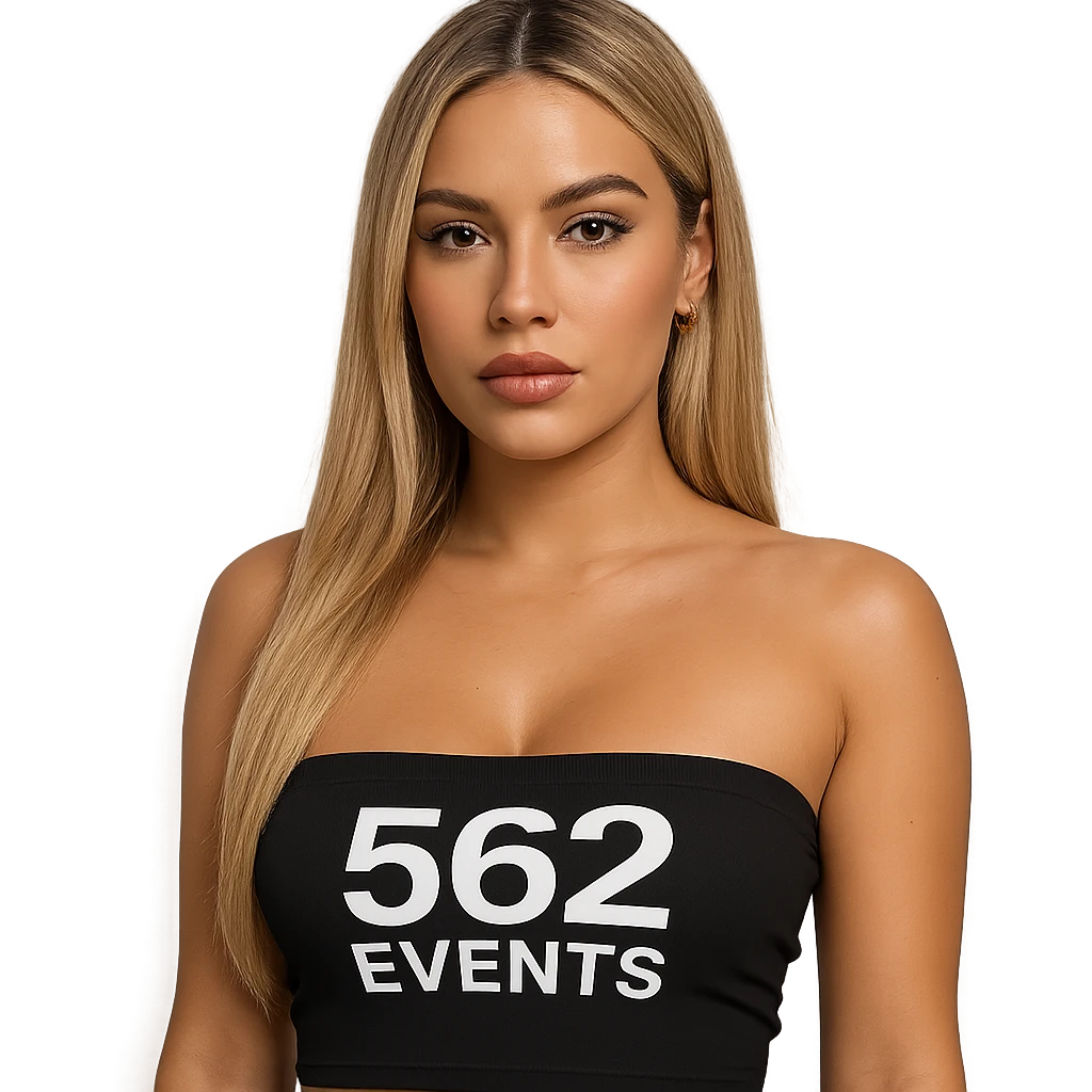 realistic baddie, blonde, in a black tube top with '562 Events' text emoji