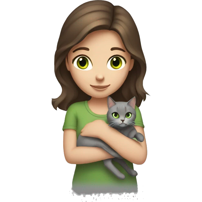 brown haired girl with green eyes holding a grey cat emoji