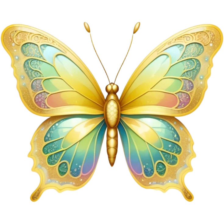 Pastel sparkly yellow glittery iridescent rainbow transparent butterfly with detailed intricate patterns emoji
