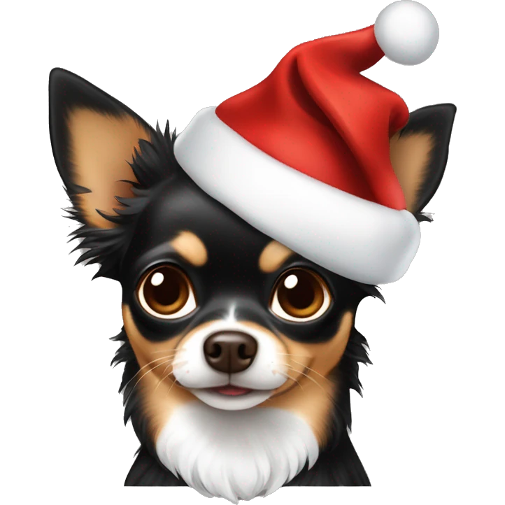 Black and brown Chihuahua long hair with a Santa hat on￼ emoji
