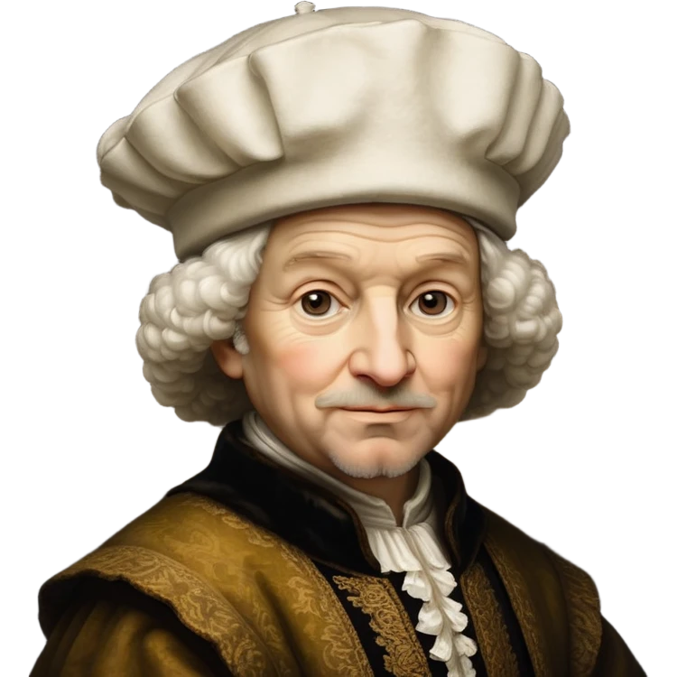 emoji of rembrandt,-shown-as-a-master-artist-with-deep,-introspective-eyes-and-richly-detailed-period-clothing,-rendered-with-dramatic-chiaroscuro-lighting-that-emphasizes-his-legacy white puffy hat emoji