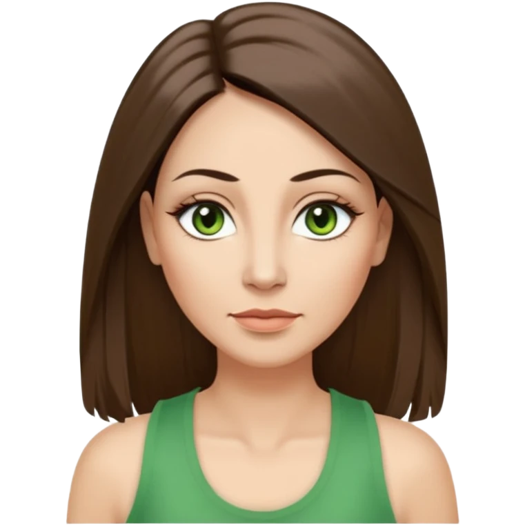 43 year old Adult woman avatar, light skin tone, long, oval face, long straight ashy brown hair, green almond-shaped eyes with dramatic eyelashes and minimal eyeliner, neutral mouth, medium straight eyebrows, average nose, smooth skin, high-neck tank top  emoji