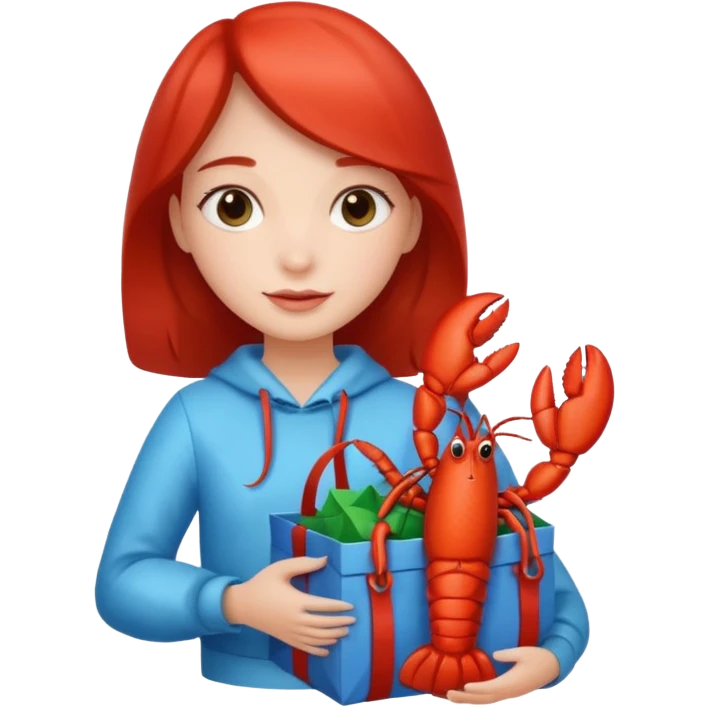 Cute girl holding gift bag with lobster inside emoji