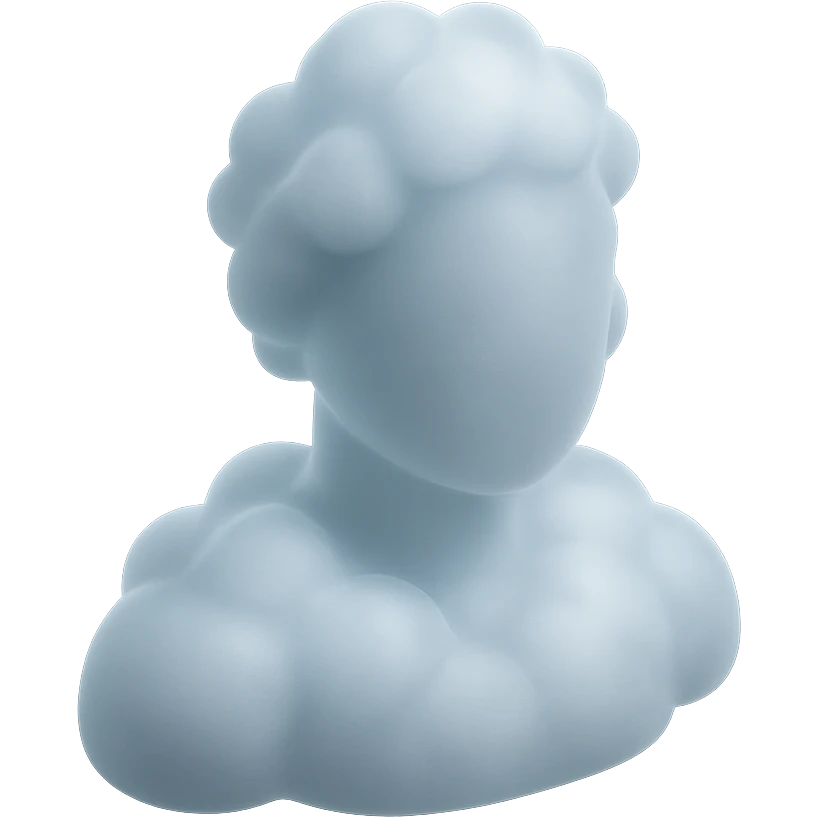 person made entirely of pure white puffy clouds, shoulders up, front view, matte glass style emoji