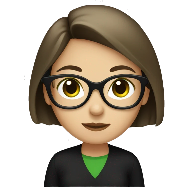 A girl with short brown hair and dark green eyes, black glasses and a black shirt emoji