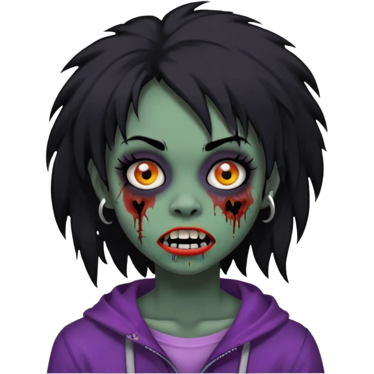 girl, zombie, black coily hair, medium long, emo, shaggy, dark, spooky, piercing on eyebrow, colourful teeth, creepy blank expression emoji