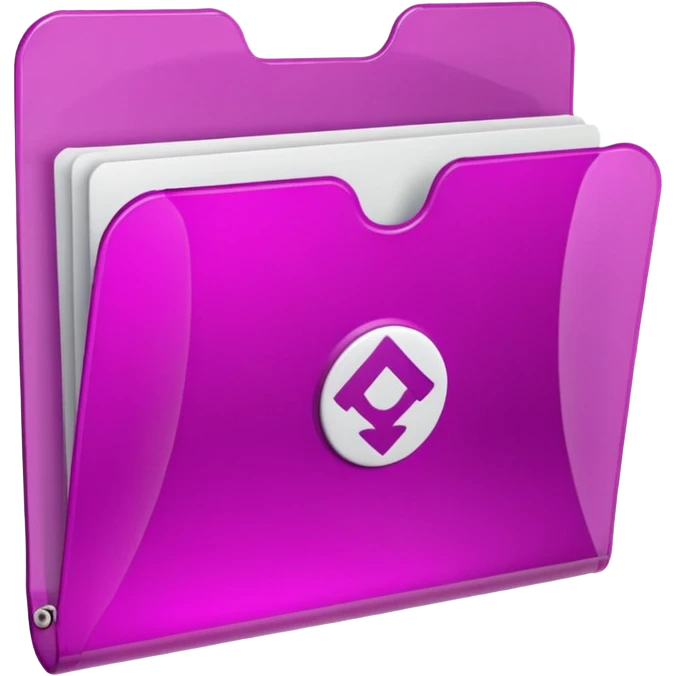 A translucent magenta plastic folder with rounded corners, elastic string and button closure, subtle transparency, and a small university/academic symbol on the front. emoji