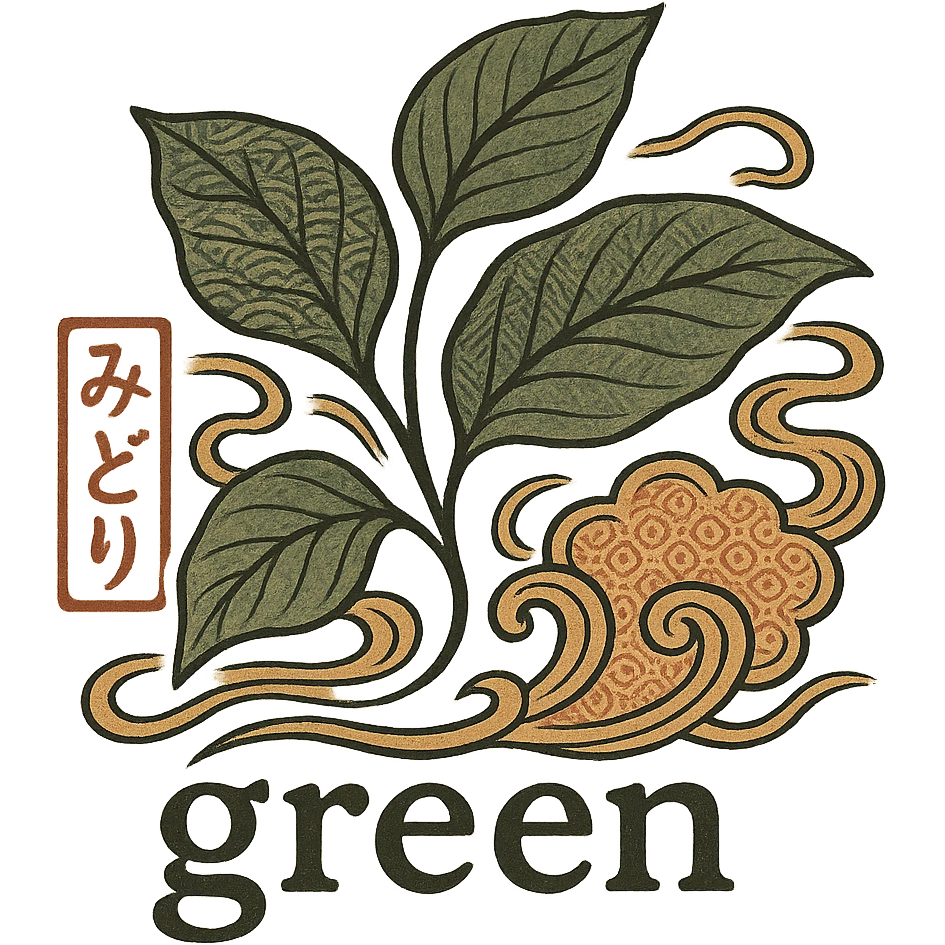 logo for a company called 'green', featuring stylized leaves and elegant Japanese-inspired design, company name incorporated emoji