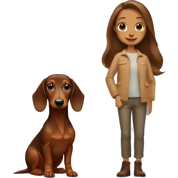 2 brown dachshunds with a girl with brown hair  emoji