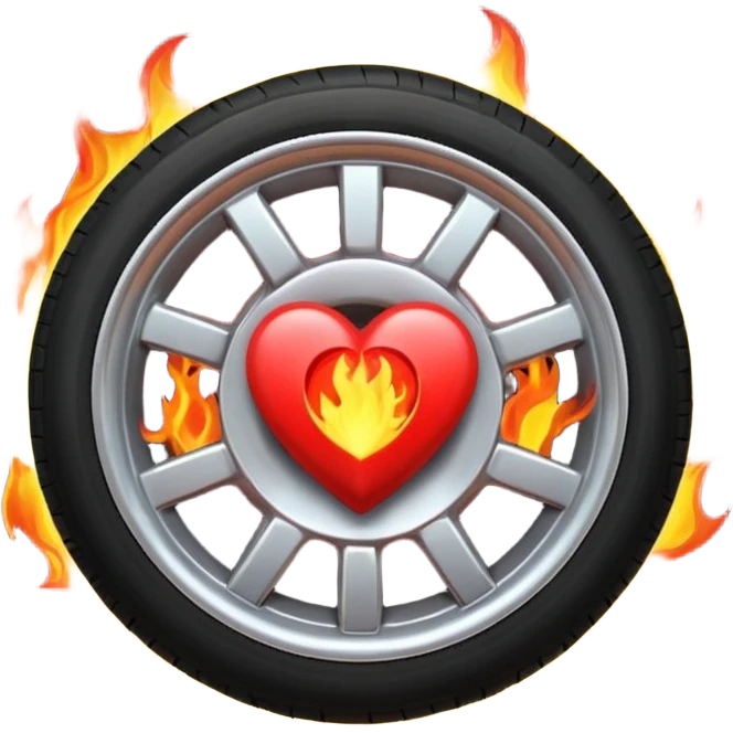 the car wheel is on fire, and in the center of the wheel there is a red fiery heart, high quality emoji