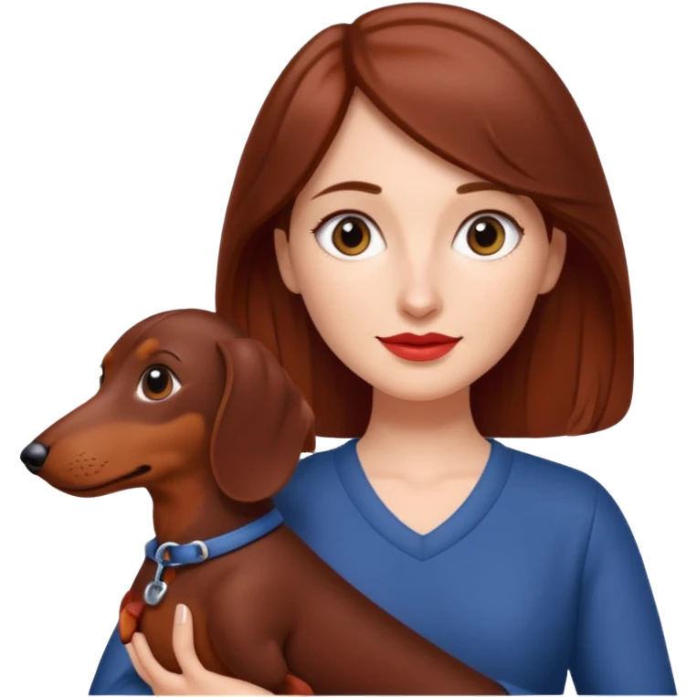 White woman with medium length brown hair holding a red dashound emoji