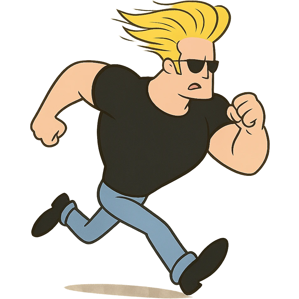 johnny bravo cartoon character, running with wind-blown hair, cartoon style emoji