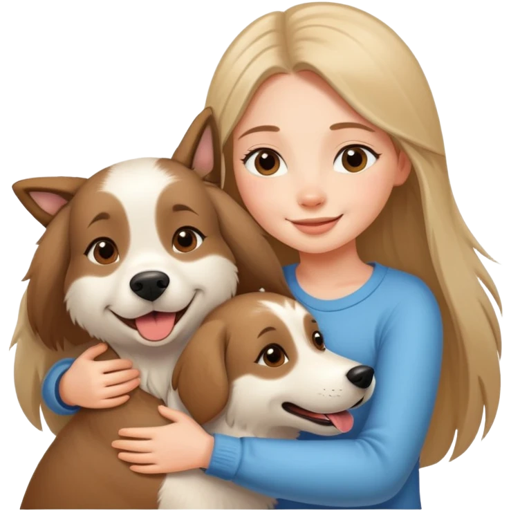 A beautiful girl with long straight hair happily hugs an Alaskan dog emoji