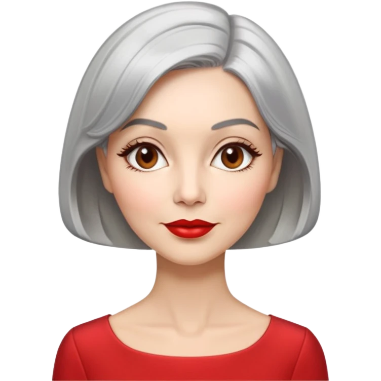 Sophisticated 70s woman with silver-gray bob cut, fair skin, almond eyes, distinctive cheekbones, wearing red lipstick and red blouse, warm friendly expression emoji