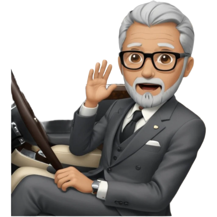Professor Bentley Dyed black gray hair  frencb beard graying indian guy in suit sitting in a bentley car and screaming fraud. Older look around 60 yrs  with glasses slight balding emoji