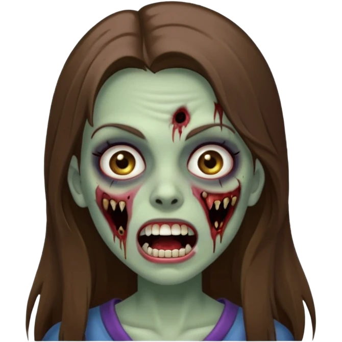 faça uma menina zumbi, ela tem cabelo marrom comprido e bem bem liso, ela nao tem franja. ela usa maquiagem com rimel e ta com a boca aberta emoji