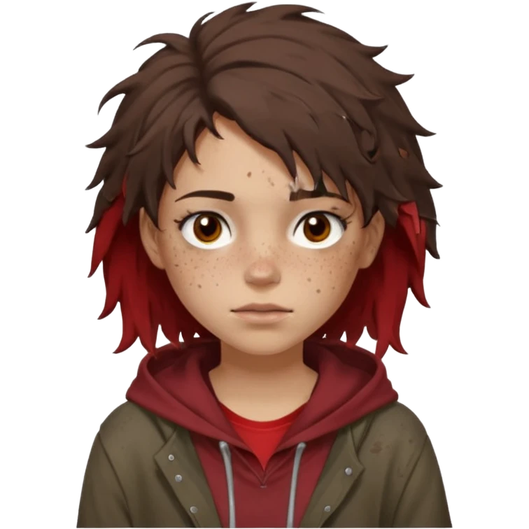 Hobo tomboy with light skin, freckles, dark brown shoulder-length hair in a messy style, brown eyes, dark brown hoodie, dull red shirt. emoji