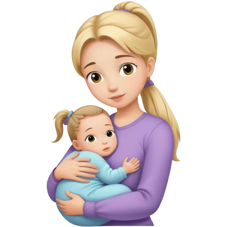 Girl with ponytail gently hugging a newborn baby and a young girl, family moment emoji