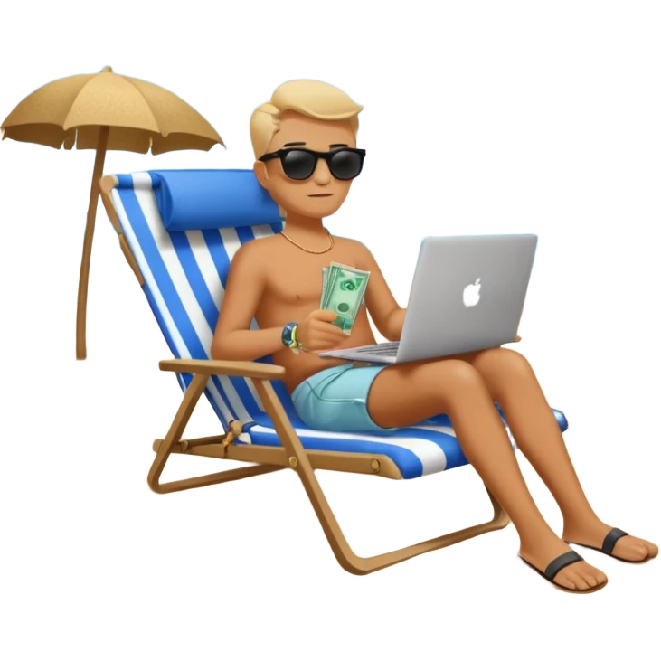 Emoji-style person relaxing on beach chair with laptop and money bag, “$20K” written in sand, sky gradient background, calm and successful tone emoji