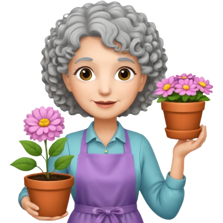 Older female florist – curly hair, hold flower pot emoji