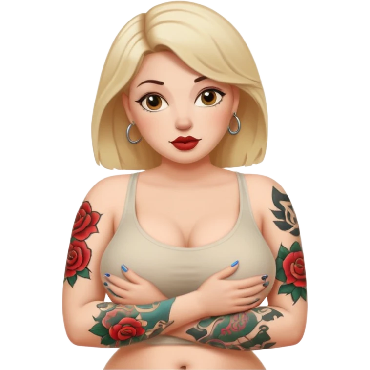 A naked white curvy woman with tattoos who is slim and is giving a blowjob or having sexual activities with a man emoji