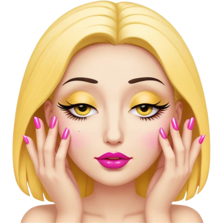 yellow nodding up and down face with stylized closed eyes, heavy false eyelashes, full lips, and two hands holding pink-painted long nails emoji