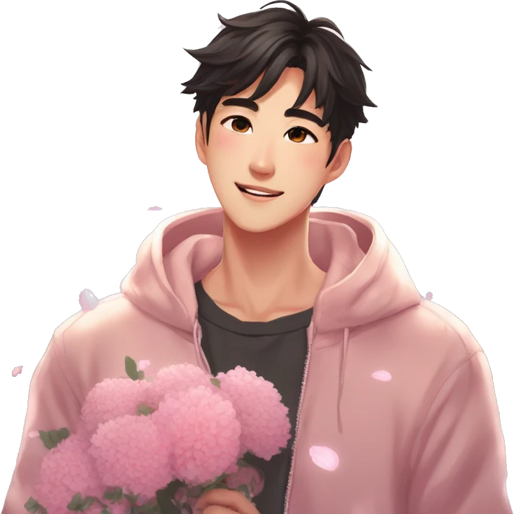 Gorgeous bright sparkly romantic Asian anime style guy with blushing face and flowers aesthetic trending style outside emoji