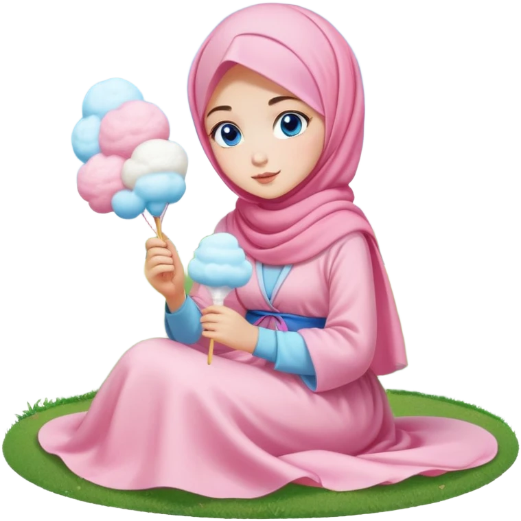 Turkish beautiful finish Konya girl blue eyes with cotton candy hijab long tail dress and sits on the grass on the ground and hold cotton candy on hand  emoji