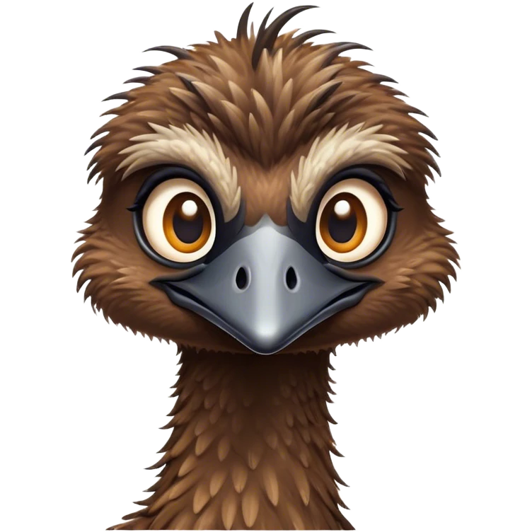 Cinematic Cute Emu Portrait Emoji, Head tilted playfully and inquisitively, featuring a glossy, textured brown plumage with a perky head and round, sparkling eyes full of curious wonder, Simplified yet irresistibly adorable features, highly detailed, glowing with a warm, friendly glow, high shine, affectionate and lively, stylized with a touch of outback whimsy, bright and endearing, soft glowing outline, capturing the essence of a mischievous yet loving emu, so playful it feels like it could gallop out of the screen into your arms! emoji