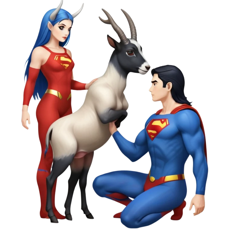 Art of a human white woman's gorgeous body scheme anatomy-very long and straight black to blue hair ombre with tiny goat antlers-leaning back-on knees-superman standing on her right-looking at each other emoji