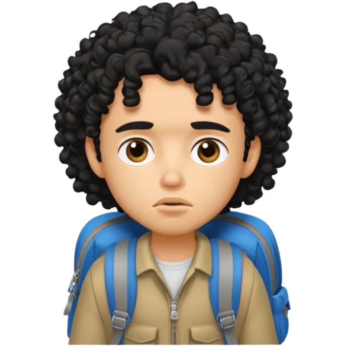 a pretty bratz guy with black curly hair wearing a backpack looking tired emoji