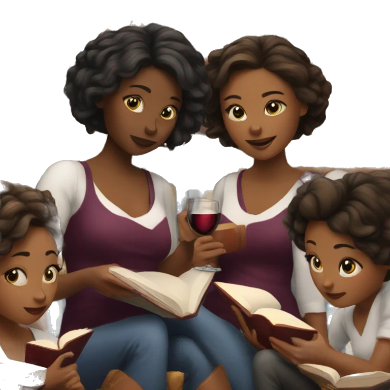 group of girls with wine reading books emoji