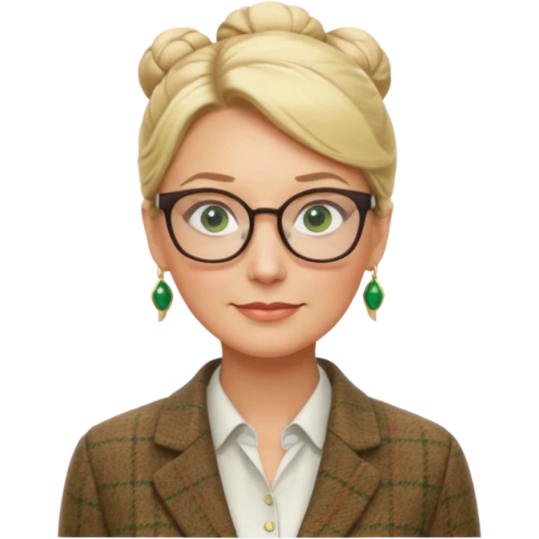 older teacher with hair pulled back into a blonde bun green eyes and glasses emoji
