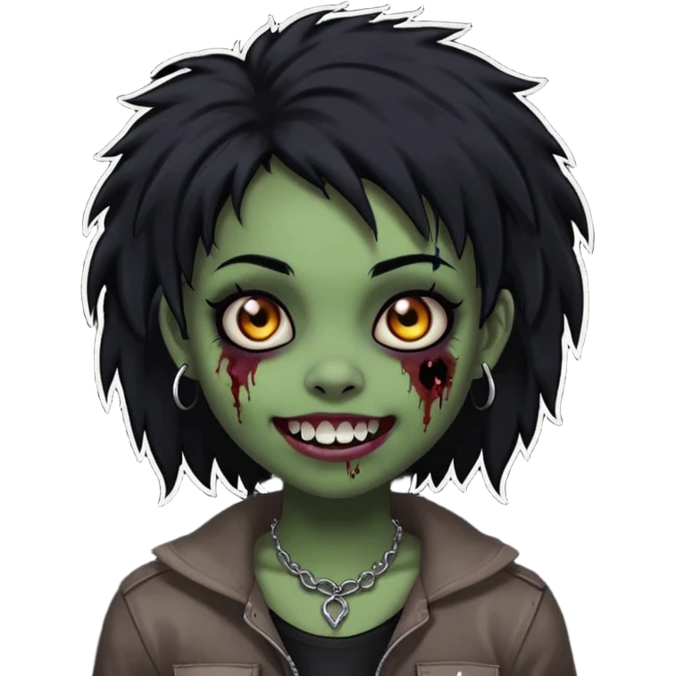 girl, zombie, black coily hair, medium long, emo, shaggy, dark, spooky,double eyebrow dermal piercing, cute illuminous smile emoji