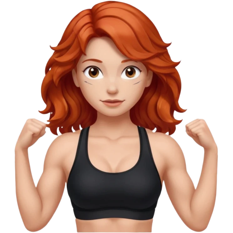 Athletic girl with long light red wavy hair and smaller boobs bigger arms. middle part and black sports bra emoji