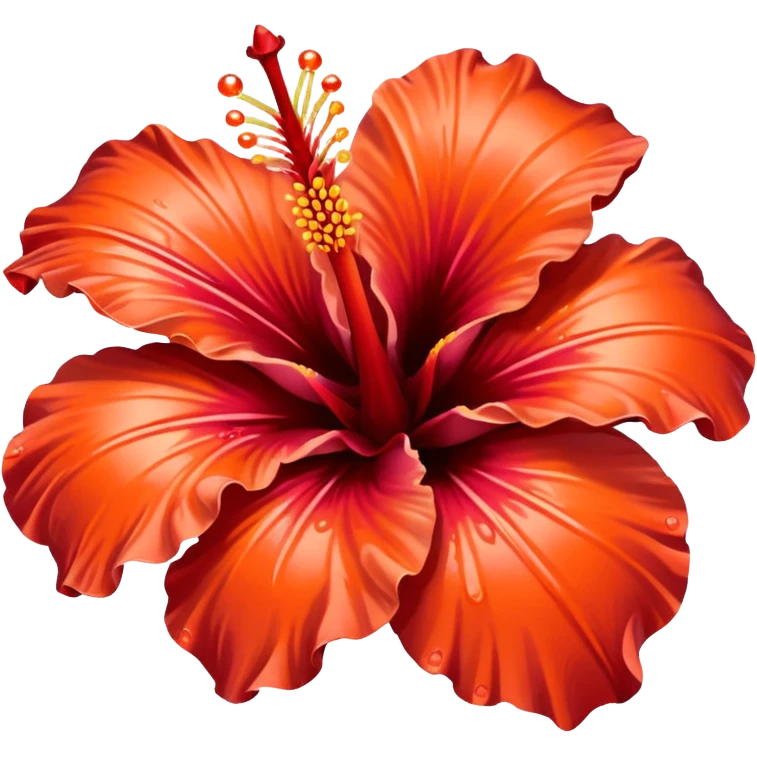 Realistic Hibiscus, vibrant color, ￼due tone red orange, high definition, dew drops emoji