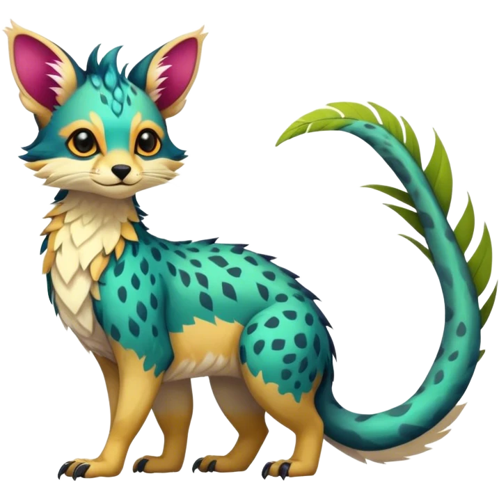Feral Rare Fantasy vibrant colorful tropical Vernid-Trico-species by LiLaiRa, random markings, tufted tail, tufted ears, full body emoji