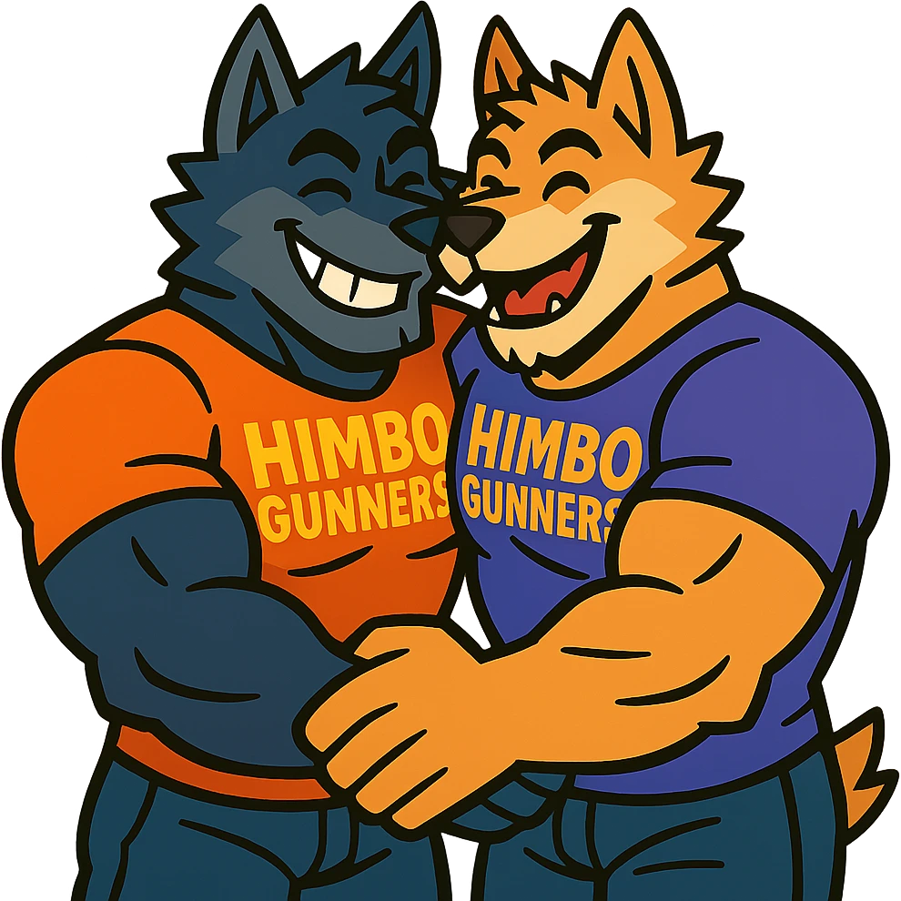 two very muscular wolf furry characters wearing t-shirts with 'Himbo gunners', hugging, big smiles, playful and affectionate emoji