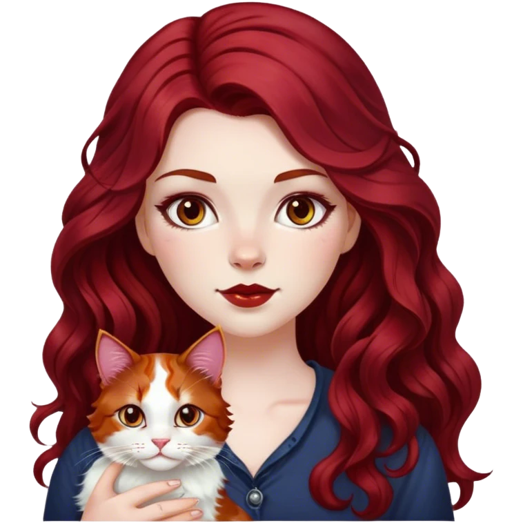 a white girl with dark red cherry long wavy hair and calico cat emoji