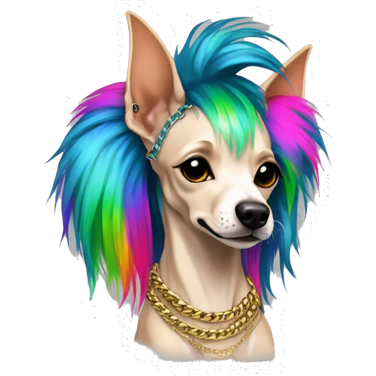 Punk Chinese crested dog neon rainbow hair gold chain punk piercings tattoos punk ear piercings emoji