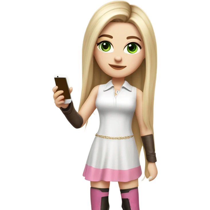 Realistic White girl with Long straight blonde hair, green eyes, tattoos, full body wearing white dress and pink knee-high leather boots, doing cute selfie pose emoji
