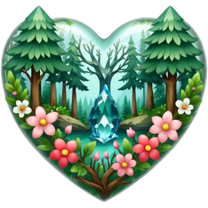 crystal heart with forest inside and floral decoration around emoji